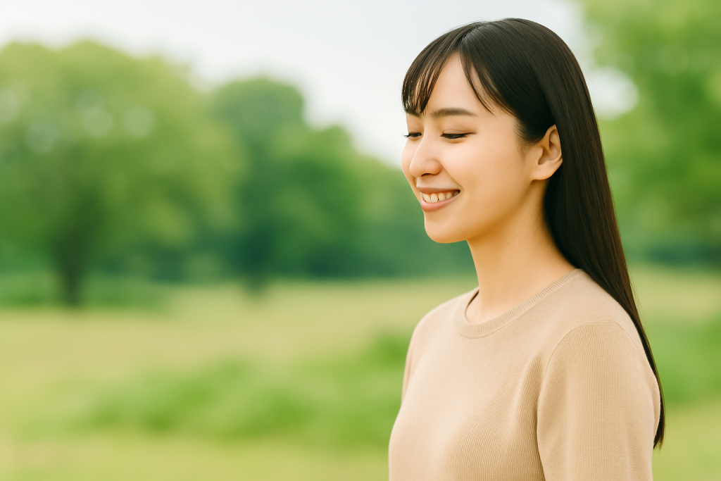 緑あふれる公園で、目を閉じて穏やかに微笑む女性。自然の中で心地よい時間を過ごしている様子。