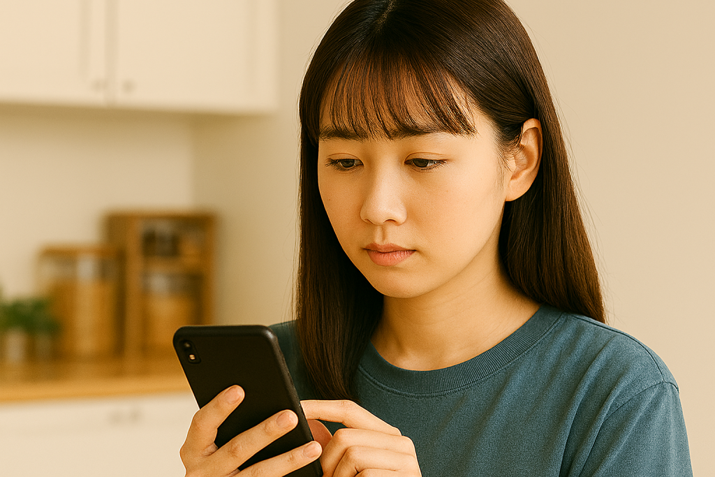 真剣な表情でスマートフォンを操作する女性。落ち着いた室内の背景に、木製の棚とナチュラルな雰囲気のキッチンが写っている。