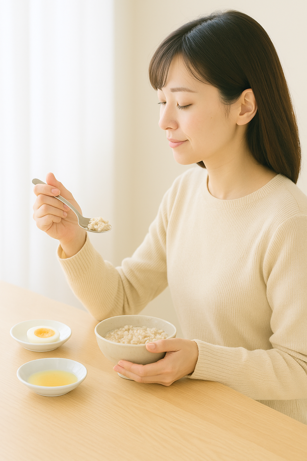 ナチュラルな雰囲気の室内で、目を閉じながら穏やかな表情でオートミールを味わう女性。テーブルには半熟卵とスープが添えられている。